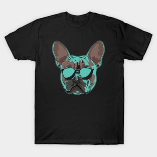 Frenchie Glow: Neon Face French Bulldog Wearing Sunglasses T-Shirt